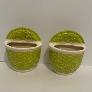Royal Haeger Wall Pocket Vase 7.75” Basket Weave Pottery Green/White USA (2)